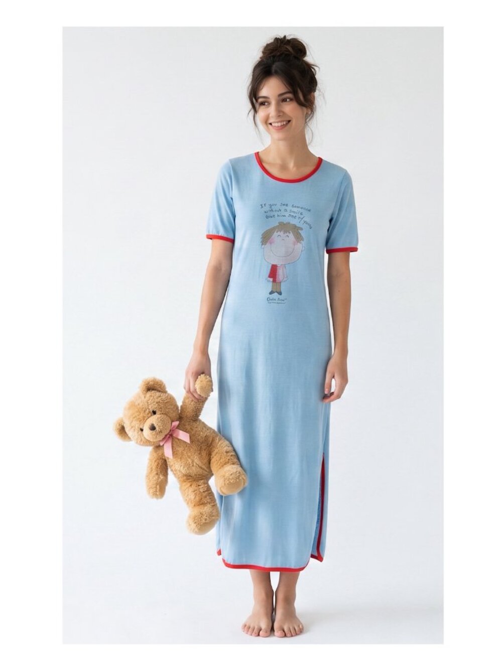 70s Long Blue T Shirt Nightgown Nightie w Cute Cartoon | XS/S - Picture 1 of 11